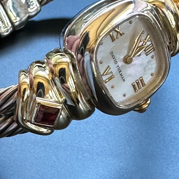 David Yurman 2 Row Cable Gold Quartz Garnet Sterling Silver Gold Trim - Picture 2 of 12